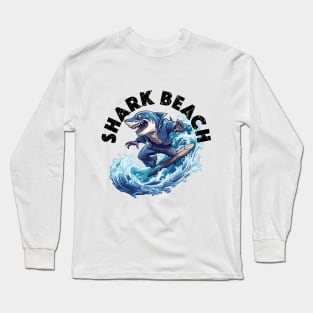 Shark Surfing - Shark Beach (Black Lettering) Long Sleeve T-Shirt